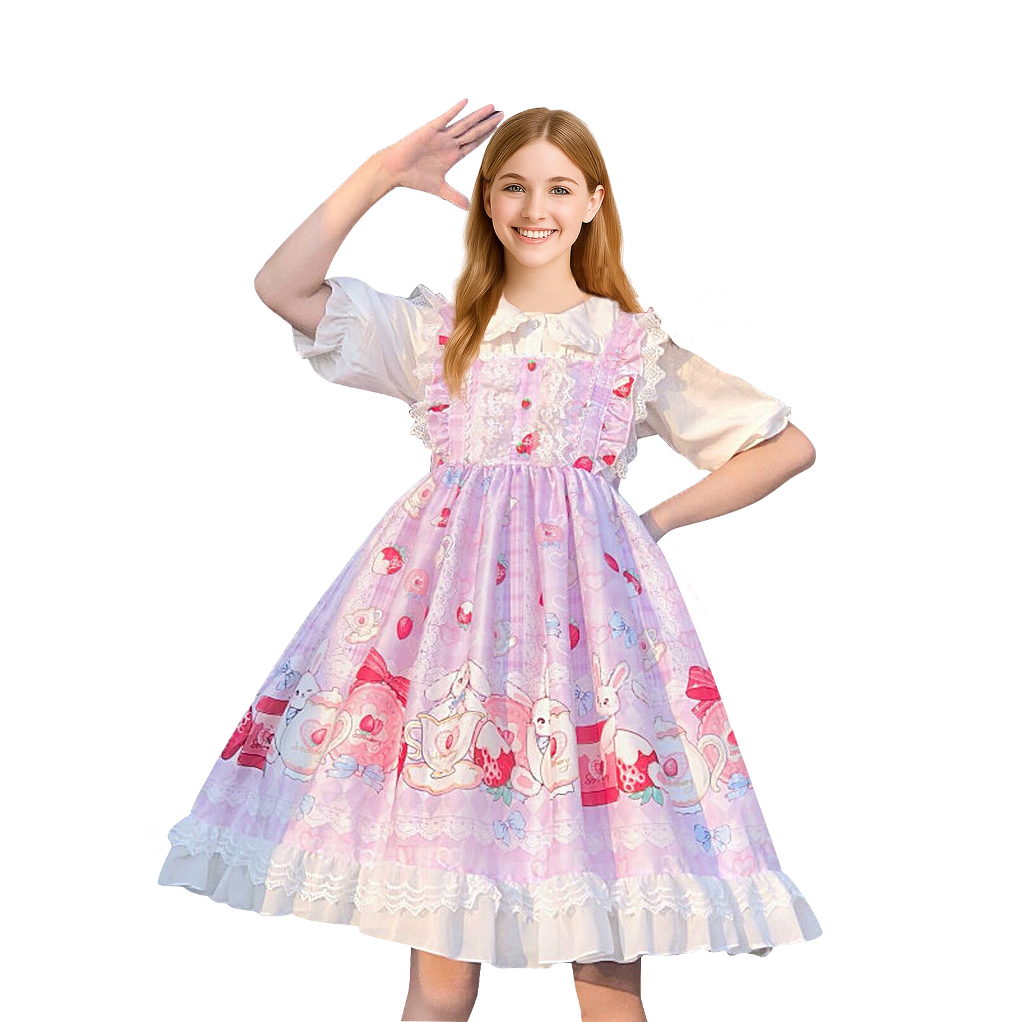 A pastel purple Lolita JSK featuring strawberries and bunnies, worn by a young fair-skinned model